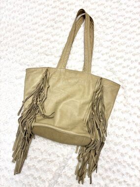 GOLD Tan Leather Fringe Trim Bohemian Western Large Satchel Bag
